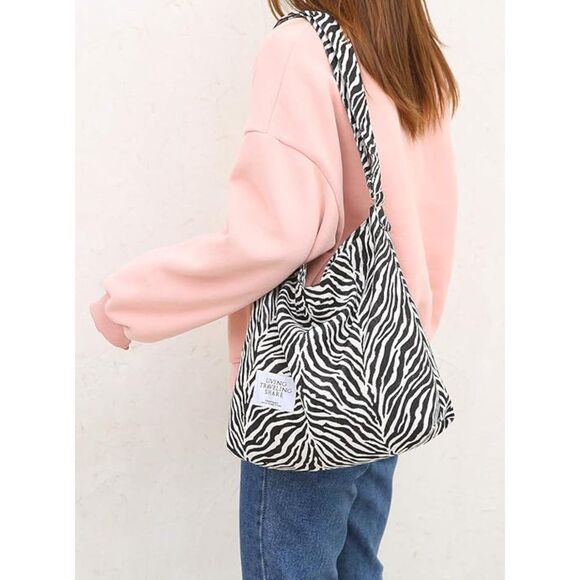 Women Zebra White Imported Canvas Retro Large Size Shoulder Crossbody Tote Bag - Picture 3 of 4